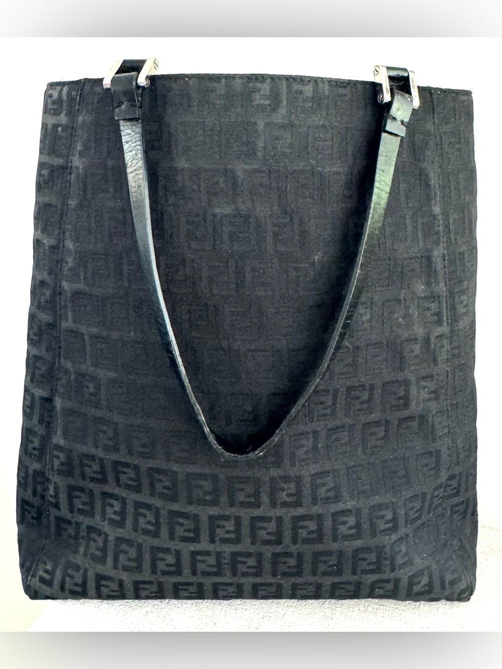 FENDI Black Zucca Textured Canvas Tote Shoulder Bag FF Logo Vintage